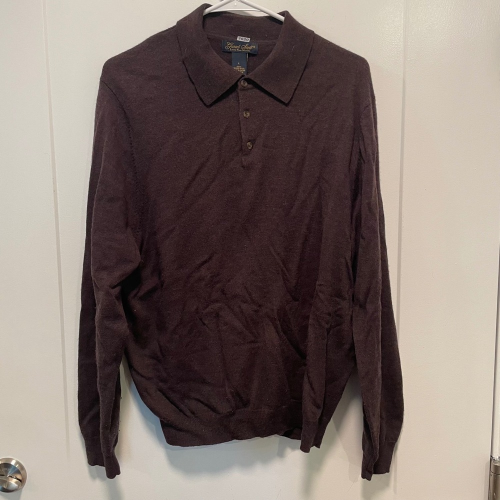 Garret Scott Mens Brown Extra Fine Merino Wool Long Sleeve Polo Sweater Large